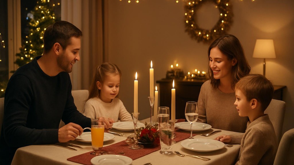 Famiglia con bambini in ambiente accogliente per Capodanno